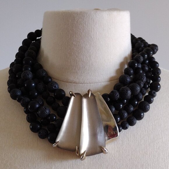 Alexis Bittar Lucite 5-Strand Black Tektite Beaded Statement Necklace - Picture 1 of 8